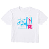 A white short-sleeve crewneck crop t-shirt featuring a graphic print of a blue DeLorean time machine and a skier in neon pink and blue.