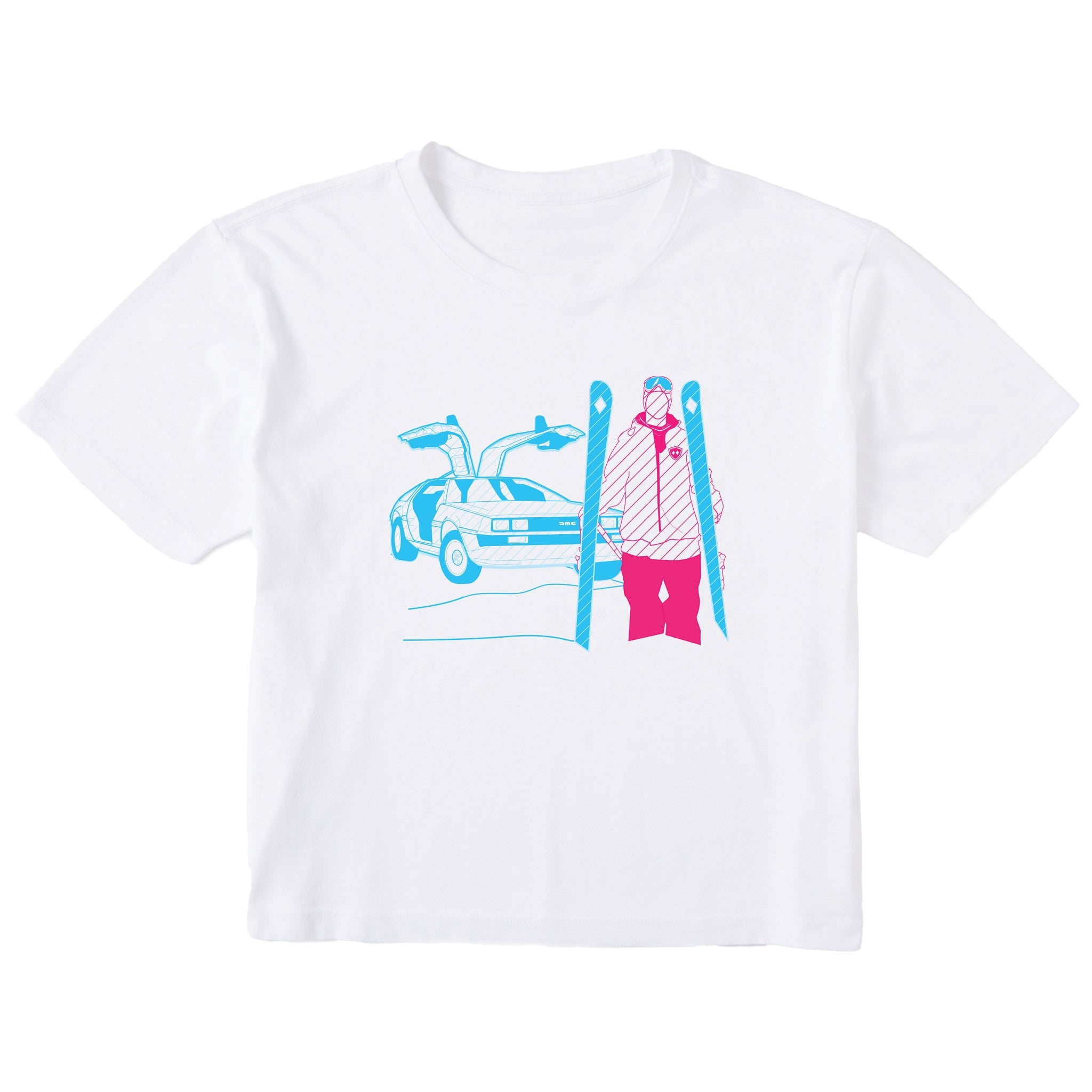 A white short-sleeve crewneck crop t-shirt featuring a graphic print of a blue DeLorean time machine and a skier in neon pink and blue.