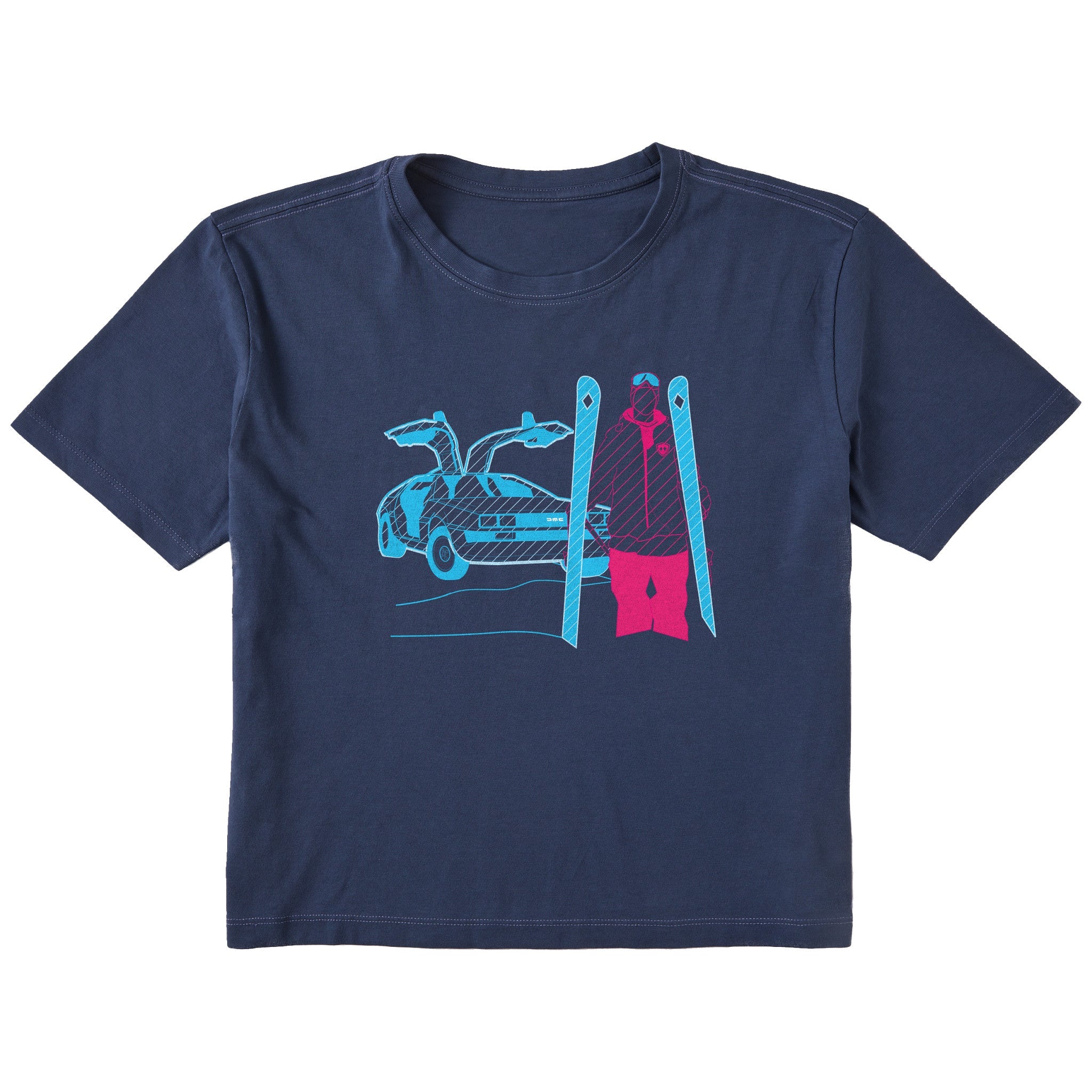 A navy short-sleeve crewneck crop t-shirt featuring a graphic print of a blue DeLorean time machine and a skier in neon pink and blue.