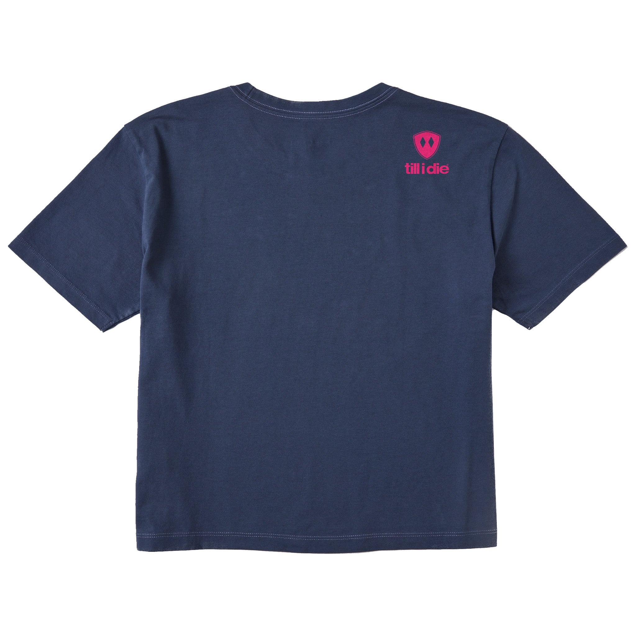 A navy tee shirt shown from the back, featuring the double diamond shield logo and the text 'till i die' on the upper right shoulder, set against a plain white background.