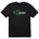Black short sleeve T-shirt featuring a neon green technical illustration of a ski binding with hot pink accents and a DIN setting cranked to 11, alongside bold white text reading, “Ask me about my DIN setting.”