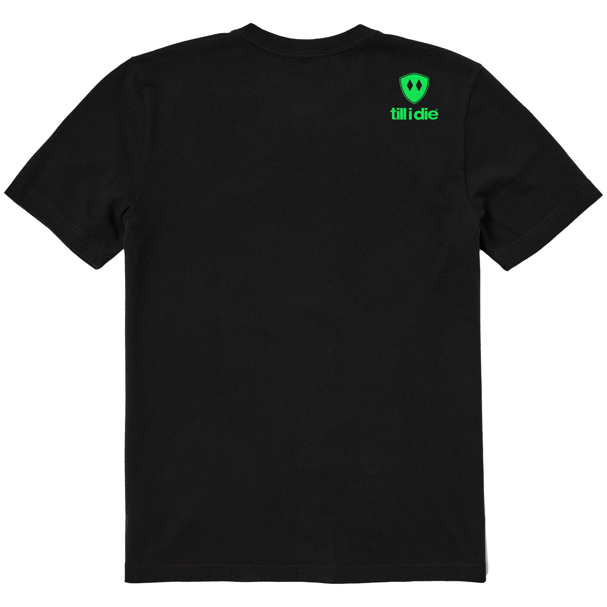 A black short-sleeve t-shirt shown from the back, featuring the double diamond shield logo and the text 'till i die' on the upper right shoulder, set against a plain white background.