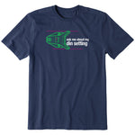 Navy short sleeve T-shirt featuring a neon green technical illustration of a ski binding with hot pink accents and a DIN setting cranked to 11, alongside bold white text reading, “Ask me about my DIN setting.”