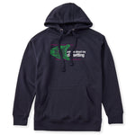 Navy Hoodie featuring a neon green technical illustration of a ski binding with hot pink accents and a DIN setting cranked to 11, alongside bold white text reading, “Ask me about my DIN setting.”