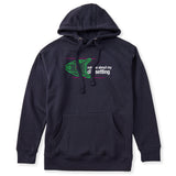 Navy Hoodie featuring a neon green technical illustration of a ski binding with hot pink accents and a DIN setting cranked to 11, alongside bold white text reading, “Ask me about my DIN setting.”