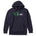 Navy Hoodie featuring a neon green technical illustration of a ski binding with hot pink accents and a DIN setting cranked to 11, alongside bold white text reading, “Ask me about my DIN setting.”