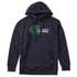 Navy Hoodie featuring a neon green technical illustration of a ski binding with hot pink accents and a DIN setting cranked to 11, alongside bold white text reading, “Ask me about my DIN setting.”