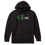 Black Hoodie featuring a neon green technical illustration of a ski binding with hot pink accents and a DIN setting cranked to 11, alongside bold white text reading, “Ask me about my DIN setting.”