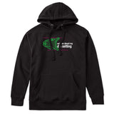 Black Hoodie featuring a neon green technical illustration of a ski binding with hot pink accents and a DIN setting cranked to 11, alongside bold white text reading, “Ask me about my DIN setting.”