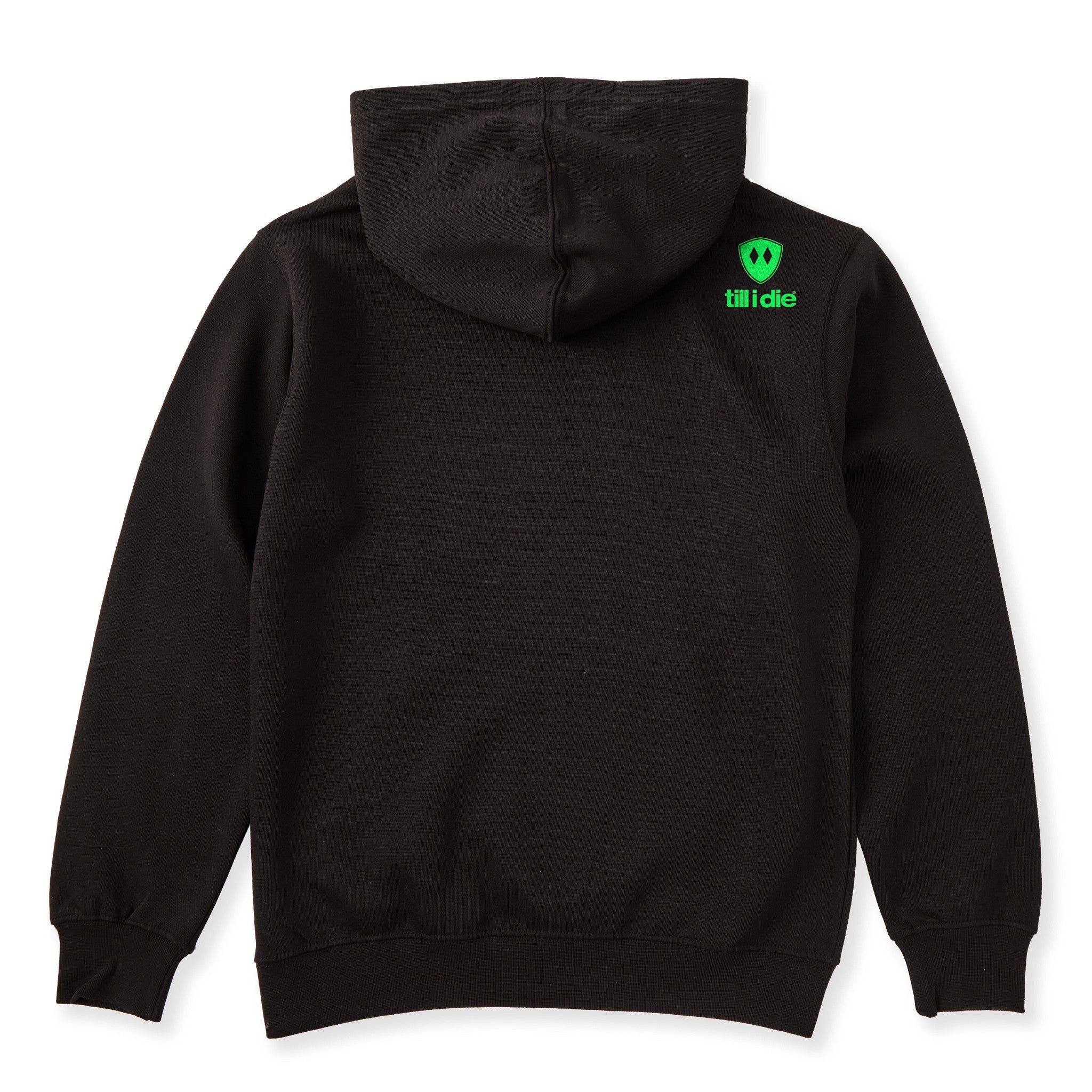 A black hoodie shown from the back, featuring the double diamond shield logo and the text 'till i die' on the upper right shoulder, set against a plain white background.