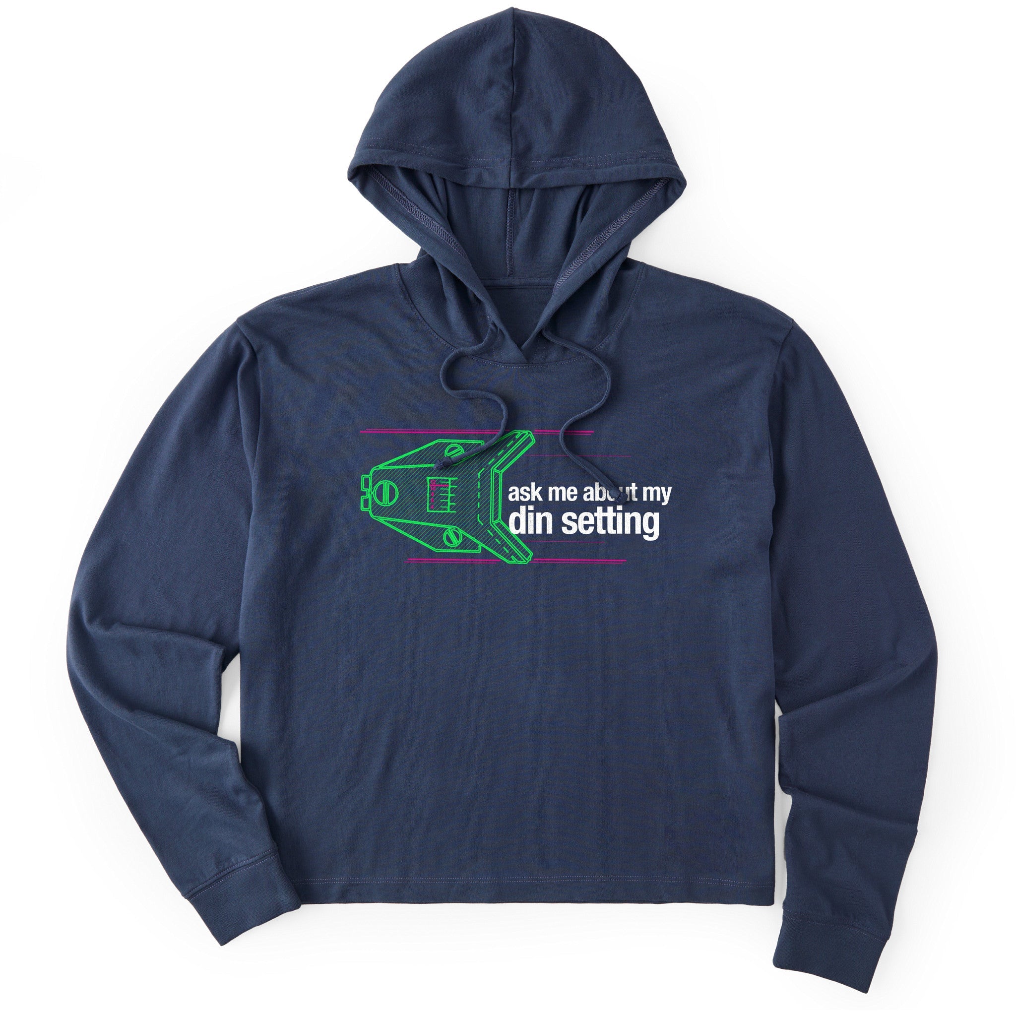 Navy crop hoodie featuring a neon green technical illustration of a ski binding with hot pink accents and a DIN setting cranked to 11, alongside bold white text reading, “Ask me about my DIN setting.”