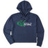 Navy crop hoodie featuring a neon green technical illustration of a ski binding with hot pink accents and a DIN setting cranked to 11, alongside bold white text reading, “Ask me about my DIN setting.”