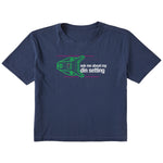 Navy short sleeve crop T-shirt featuring a neon green technical illustration of a ski binding with hot pink accents and a DIN setting cranked to 11, alongside bold white text reading, “Ask me about my DIN setting.”