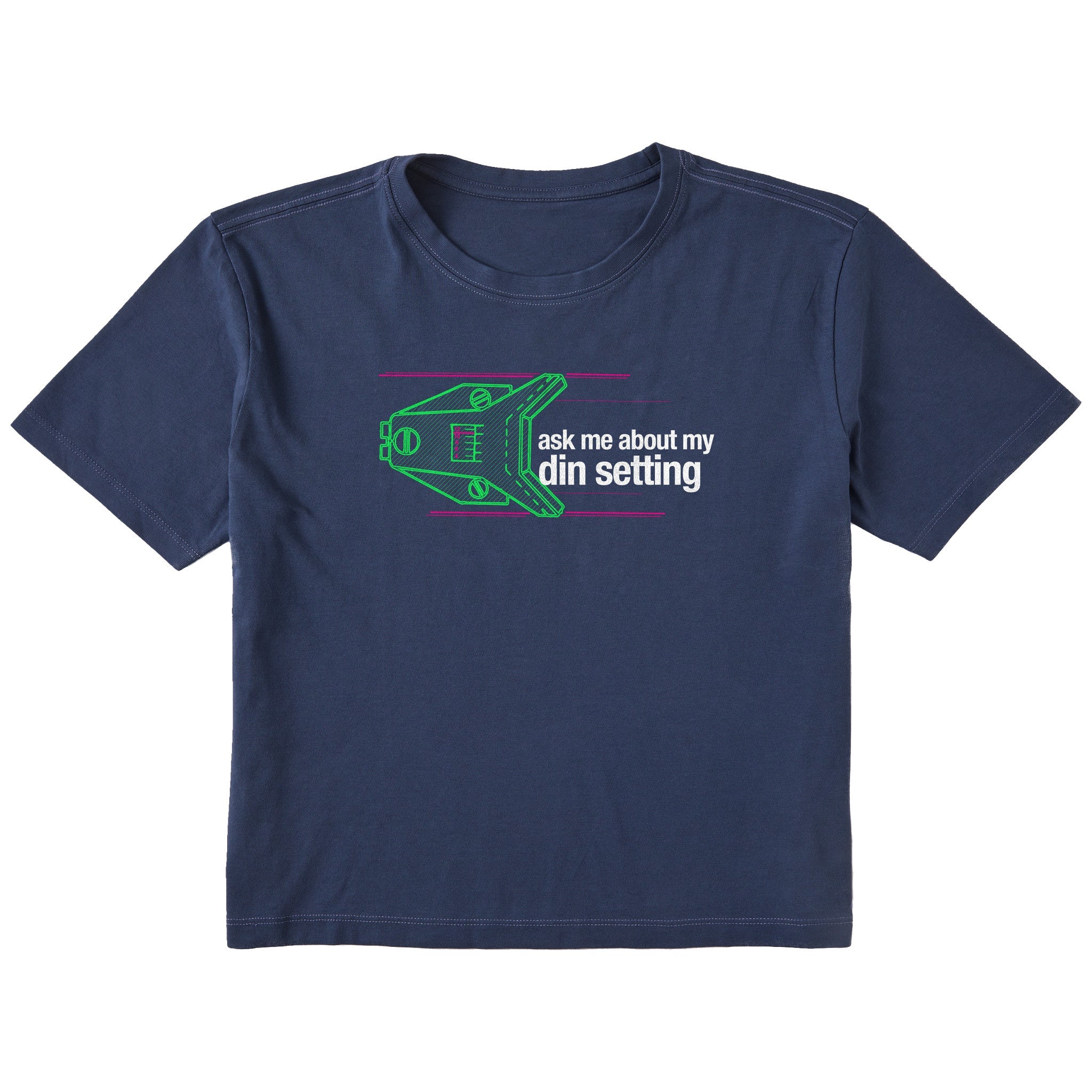 Navy short sleeve crop T-shirt featuring a neon green technical illustration of a ski binding with hot pink accents and a DIN setting cranked to 11, alongside bold white text reading, “Ask me about my DIN setting.”