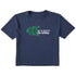Navy short sleeve crop T-shirt featuring a neon green technical illustration of a ski binding with hot pink accents and a DIN setting cranked to 11, alongside bold white text reading, “Ask me about my DIN setting.”