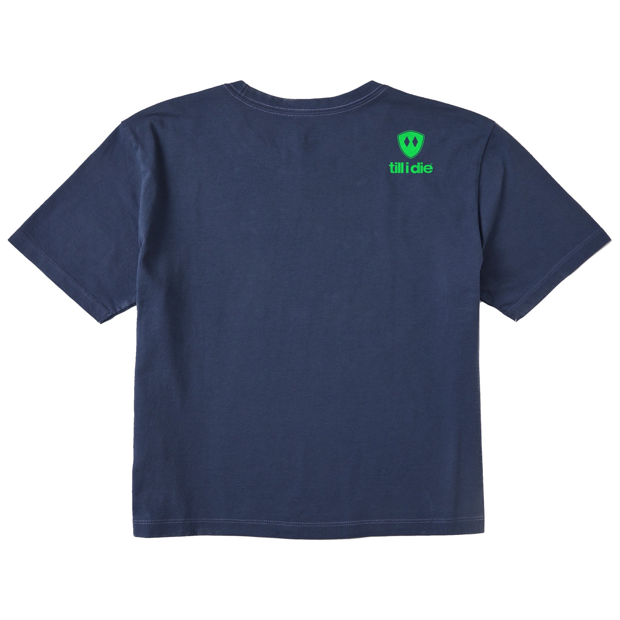 A navy short-sleeve t-shirt shown from the back, featuring the double diamond shield logo and the text 'till i die' on the upper right shoulder, set against a plain white background.