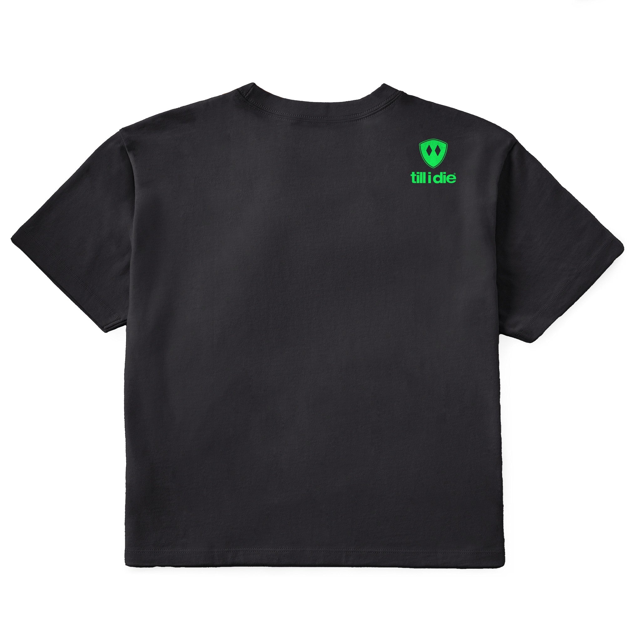 A black short-sleeve t-shirt shown from the back, featuring the double diamond shield logo and the text 'till i die' on the upper right shoulder, set against a plain white background.