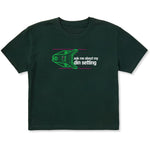 Dark Green short sleeve crop T-shirt featuring a neon green technical illustration of a ski binding with hot pink accents and a DIN setting cranked to 11, alongside bold white text reading, “Ask me about my DIN setting.”