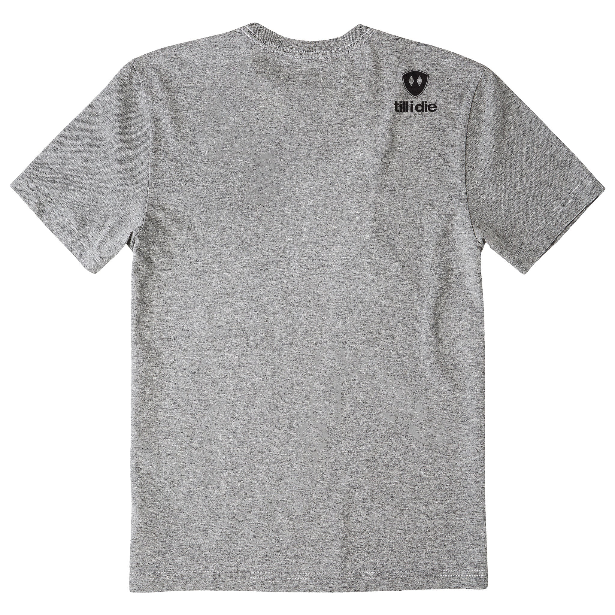 A heather gray tee shirt shown from the back, featuring the double diamond shield logo and the text 'till i die' on the upper right shoulder, set against a plain white background.