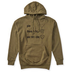 Military Green hoodie featuring black text and hand-drawn icons celebrating three mountain essentials: pie, French fries, and “Ski Till I Die,” finished with the signature Double Diamond shield.