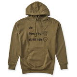 Military Green hoodie featuring black text and hand-drawn icons celebrating three mountain essentials: pie, French fries, and “Ski Till I Die,” finished with the signature Double Diamond shield.