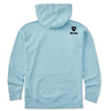 A light blue hoodie shown from the back, featuring the double diamond shield logo and the text 'till i die' on the upper right shoulder, set against a plain white background.