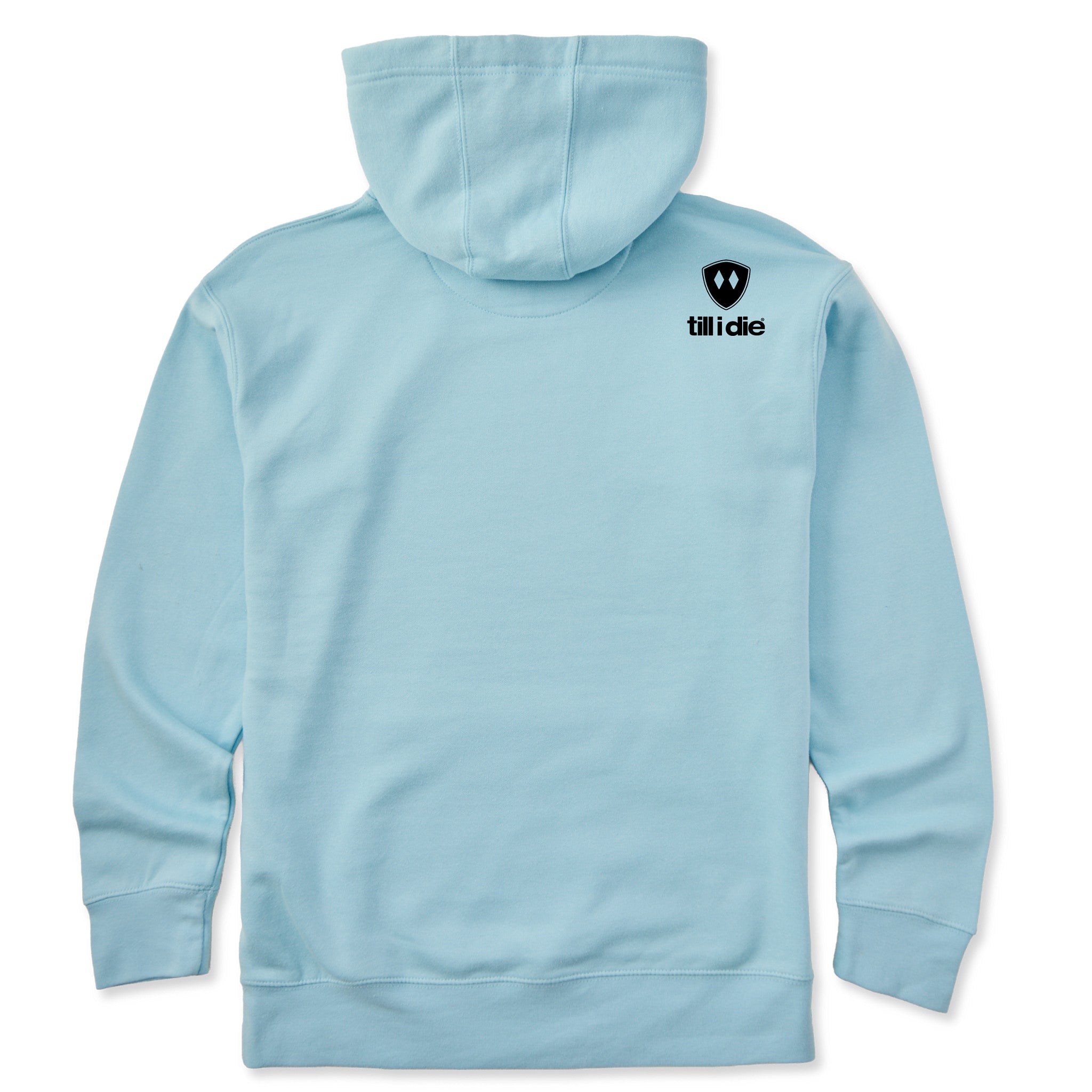 A light blue hoodie shown from the back, featuring the double diamond shield logo and the text 'till i die' on the upper right shoulder, set against a plain white background.