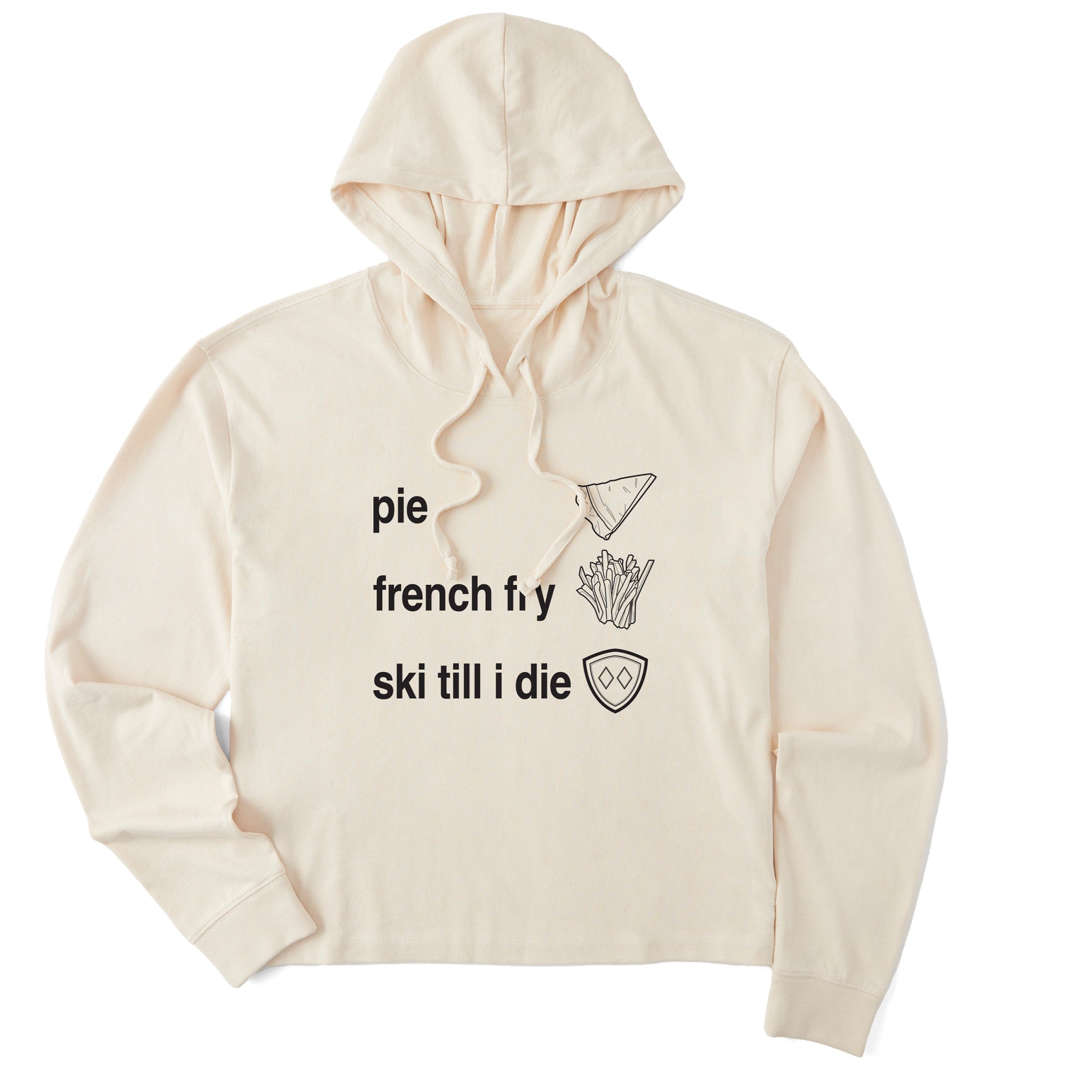 Cream cropped hoodie featuring black text and hand-drawn icons celebrating three mountain essentials: pie, French fries, and “Ski Till I Die,” finished with the signature Double Diamond shield.