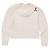 A cream cropped hoodie shown from the back, featuring the double diamond shield logo and the text 'till i die' on the upper right shoulder, set against a plain white background.