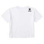 A white crop tee shirt shown from the back, featuring the double diamond shield logo and the text 'till i die' on the upper right shoulder, set against a plain white background.