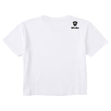 A white crop tee shirt shown from the back, featuring the double diamond shield logo and the text 'till i die' on the upper right shoulder, set against a plain white background.