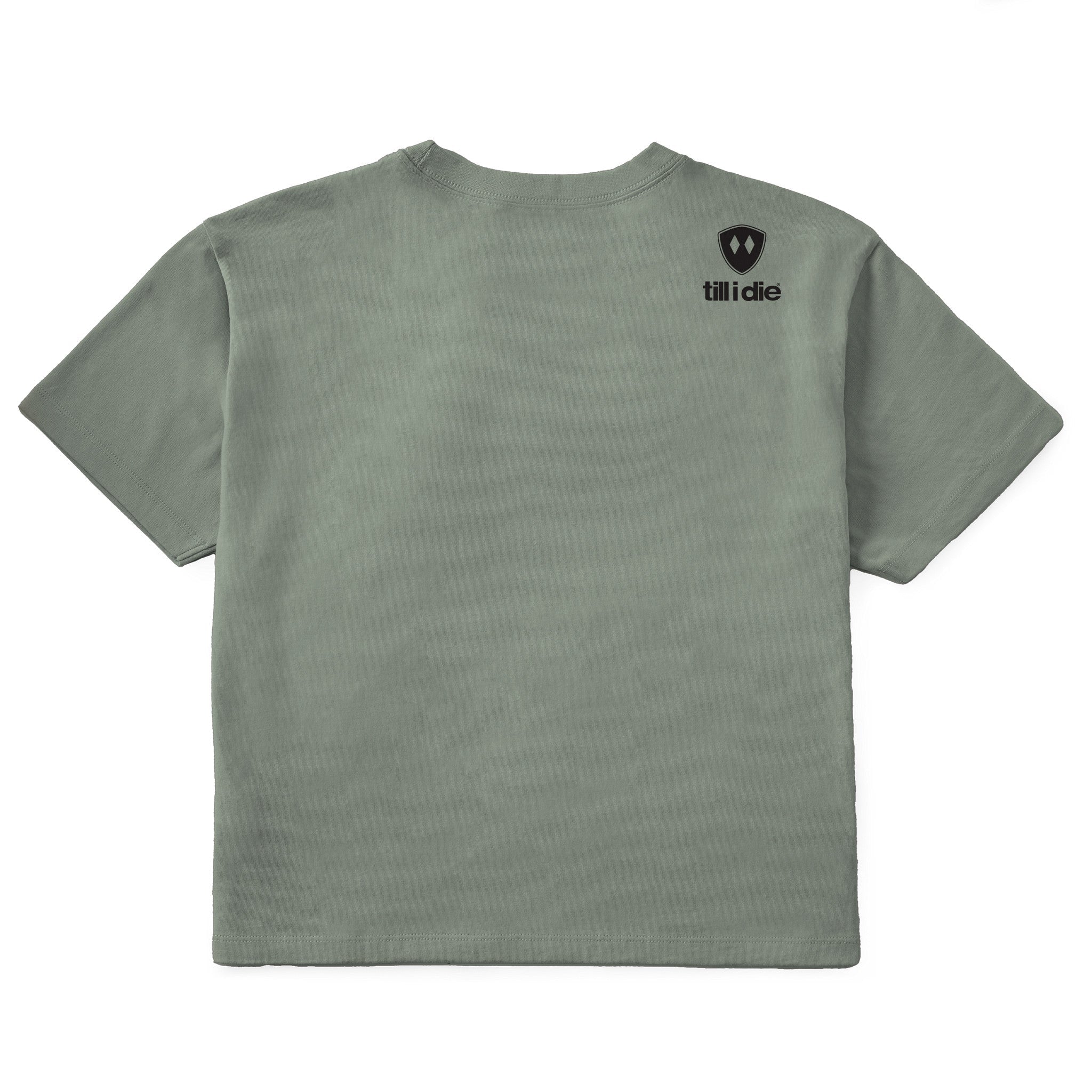 A sage green crop tee shirt shown from the back, featuring the double diamond shield logo and the text 'till i die' on the upper right shoulder, set against a plain white background.