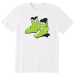 A white short-sleeve crewneck t-shirt featuring a graphic print of a pair of lime green retro rear entry ski boots with white, black, and pink details.