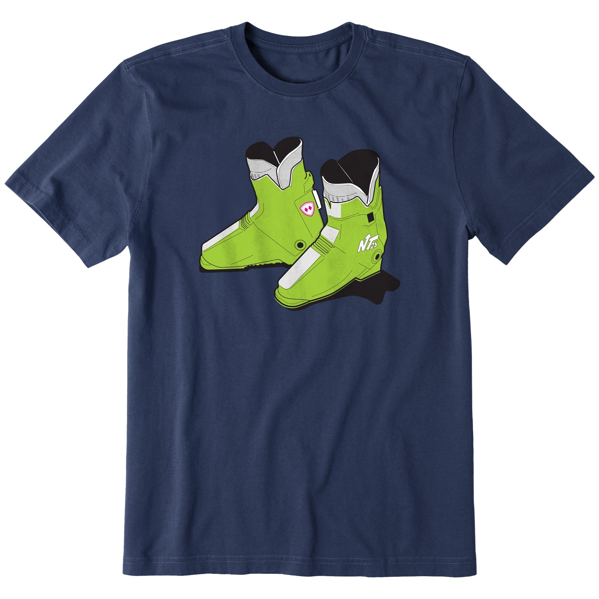 A navy short-sleeve crewneck t-shirt featuring a graphic print of a pair of lime green retro rear entry ski boots with white, black, and pink details.