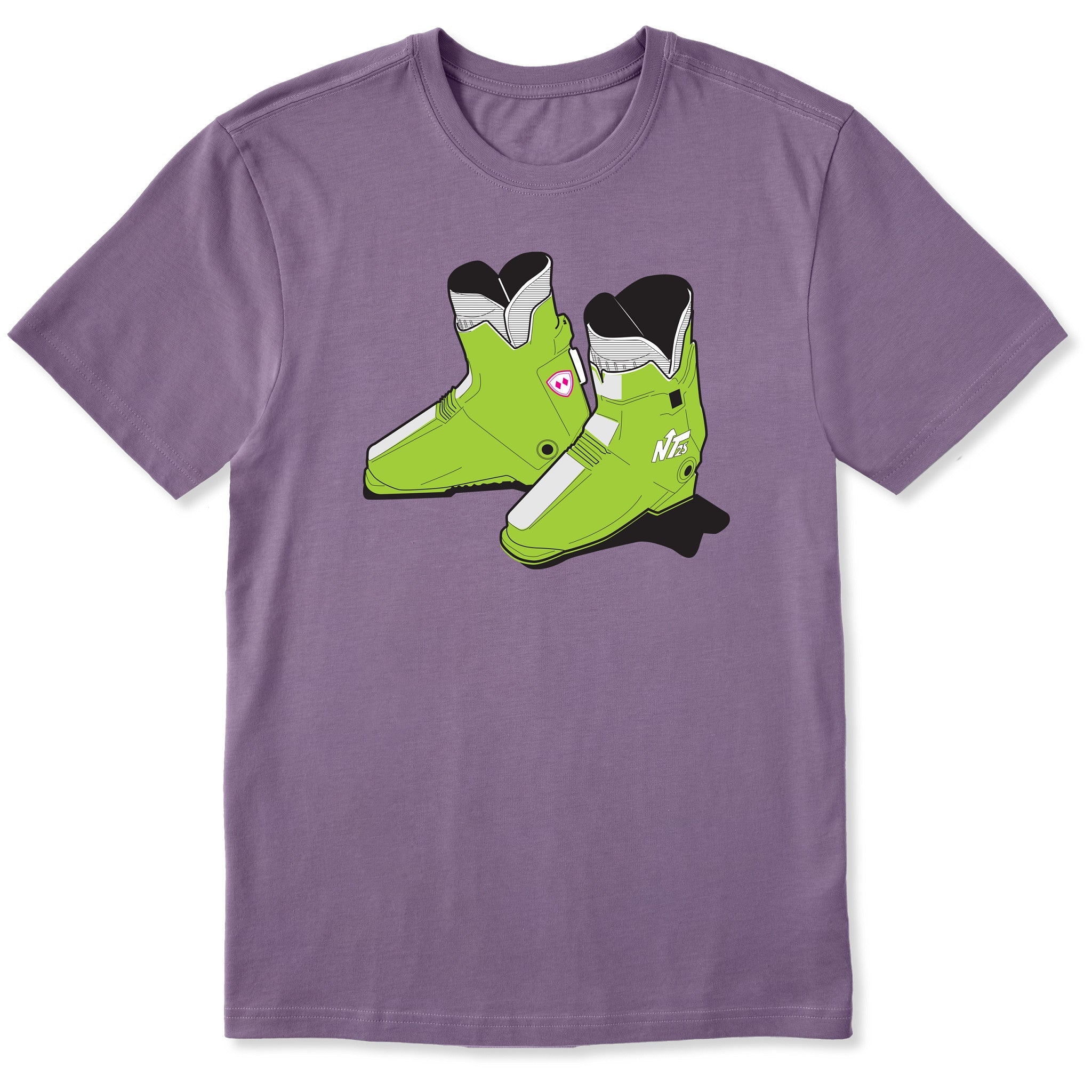 A dusty purple short-sleeve crewneck t-shirt featuring a graphic print of a pair of lime green retro rear entry ski boots with white, black, and pink details.