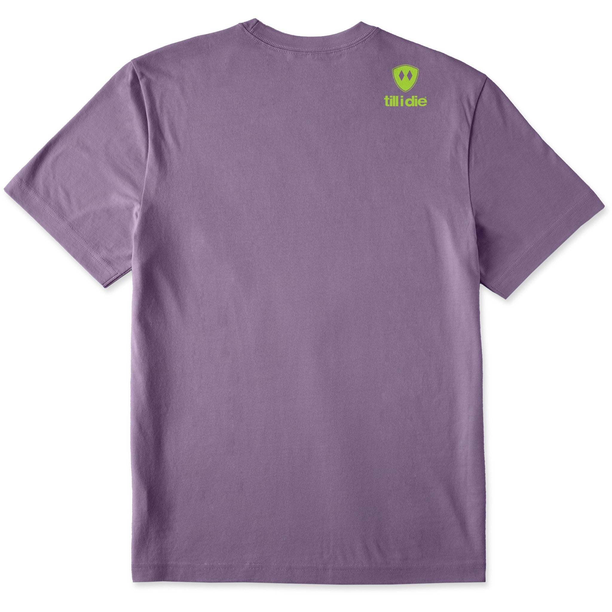 A dusty purple short-sleeve t-shirt shown from the back, featuring the till I die logo with a double diamond shield and the ‘till I die’ brand text placed on top right shoulder