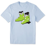 A light blue short-sleeve crewneck t-shirt featuring a graphic print of a pair of lime green retro rear entry ski boots with white, black, and pink details.
