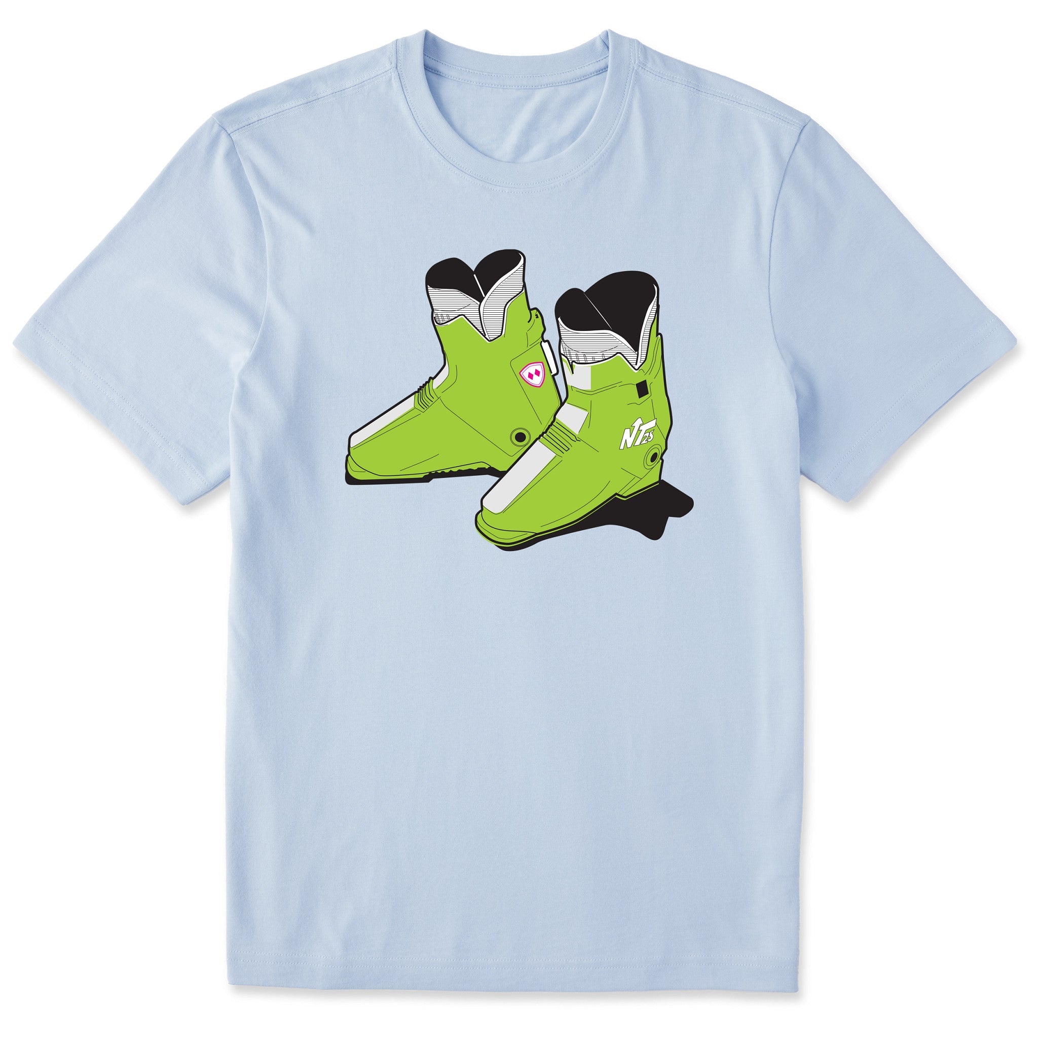 A light blue short-sleeve crewneck t-shirt featuring a graphic print of a pair of lime green retro rear entry ski boots with white, black, and pink details.