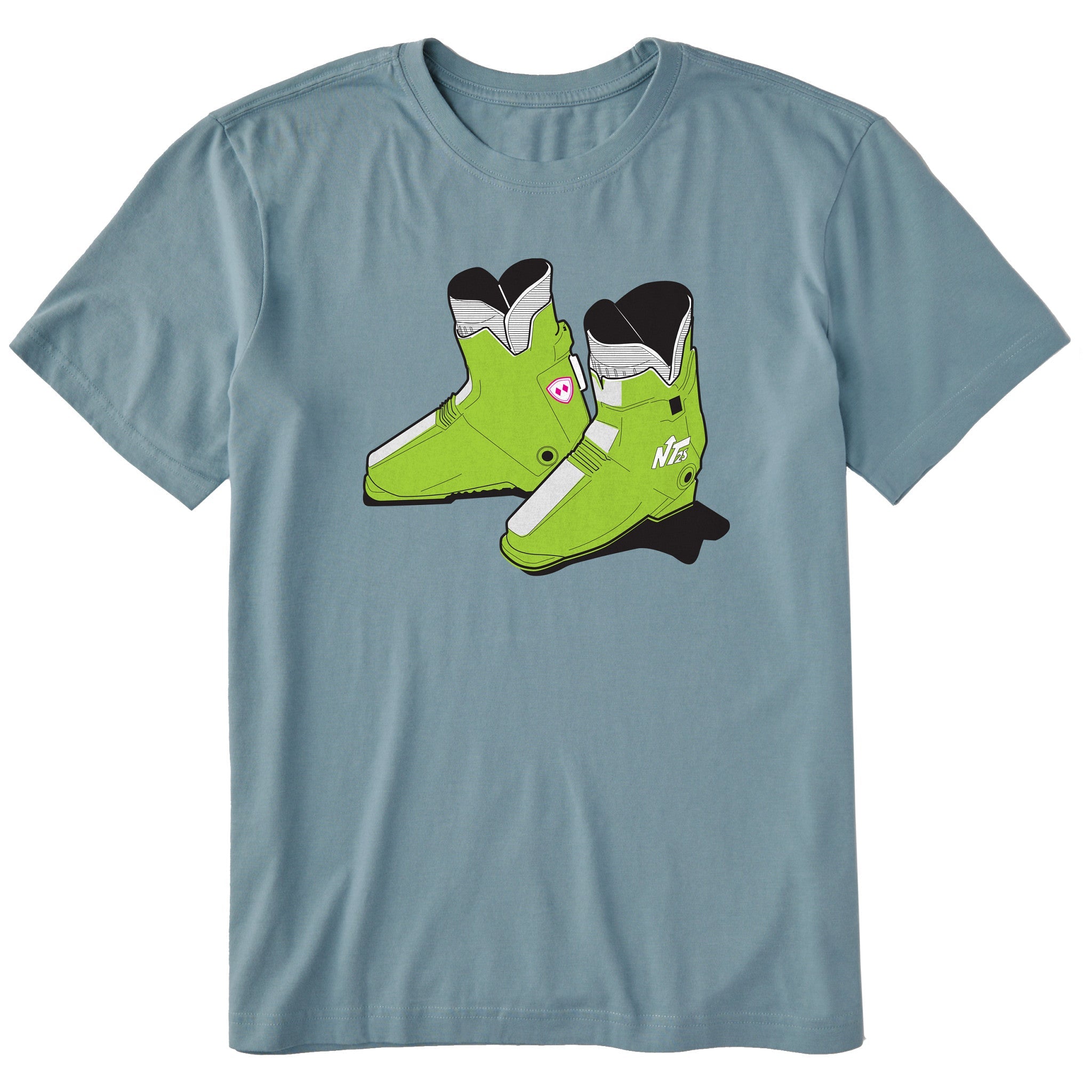 A light blue short-sleeve crewneck t-shirt featuring a graphic print of a pair of lime green retro rear entry ski boots with white, black, and pink details.