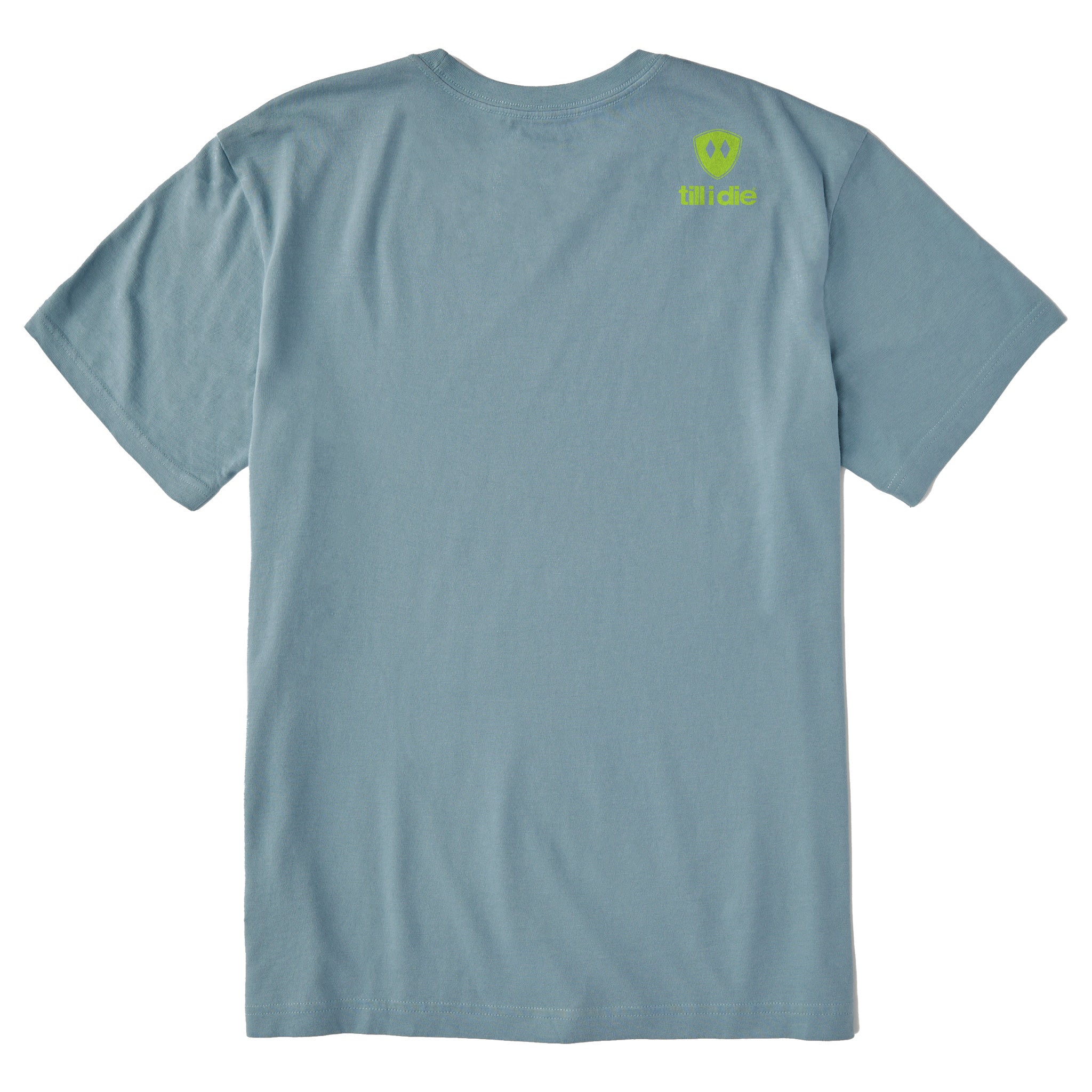 A light blue short-sleeve t-shirt shown from the back, featuring the till I die logo with a double diamond shield and the ‘till I die’ brand text