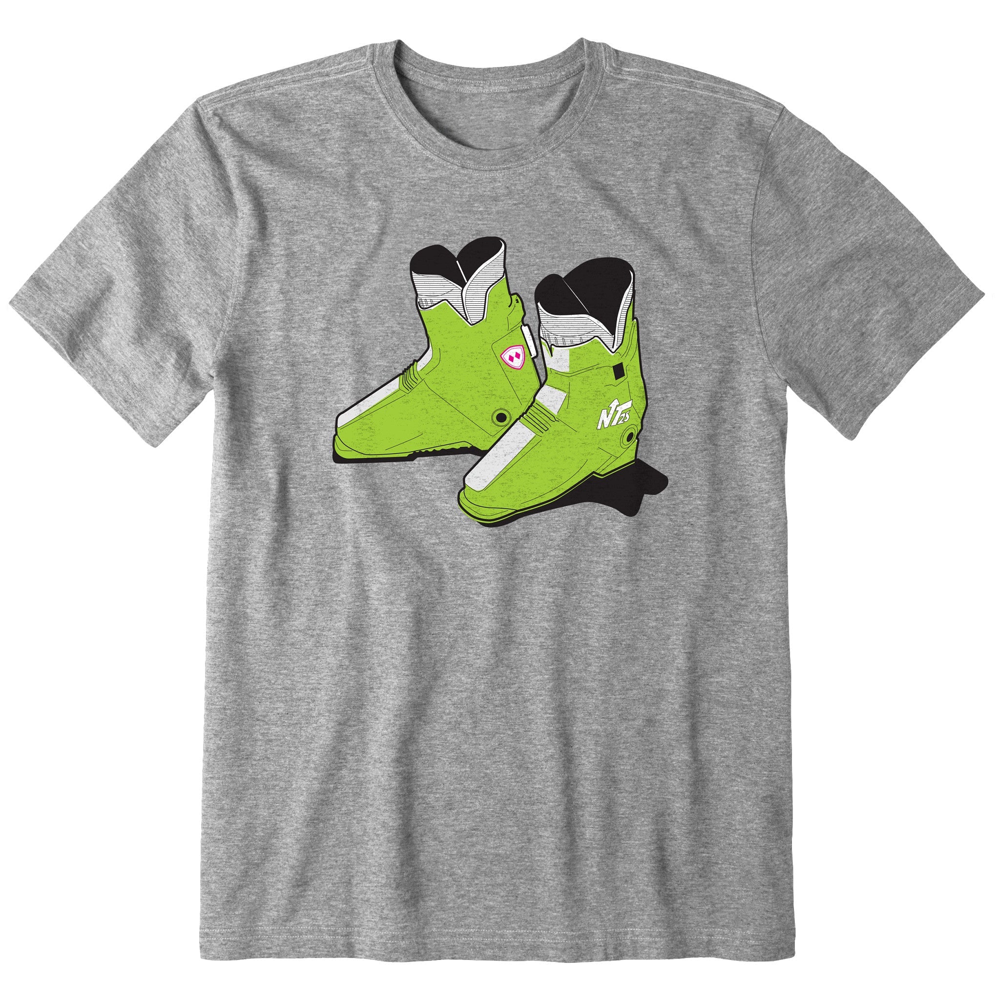A heather gray short-sleeve crewneck t-shirt featuring a graphic print of a pair of lime green retro rear entry ski boots with white, black, and pink details.