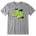 A heather gray short-sleeve crewneck t-shirt featuring a graphic print of a pair of lime green retro rear entry ski boots with white, black, and pink details.