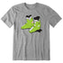 A heather gray short-sleeve crewneck t-shirt featuring a graphic print of a pair of lime green retro rear entry ski boots with white, black, and pink details.