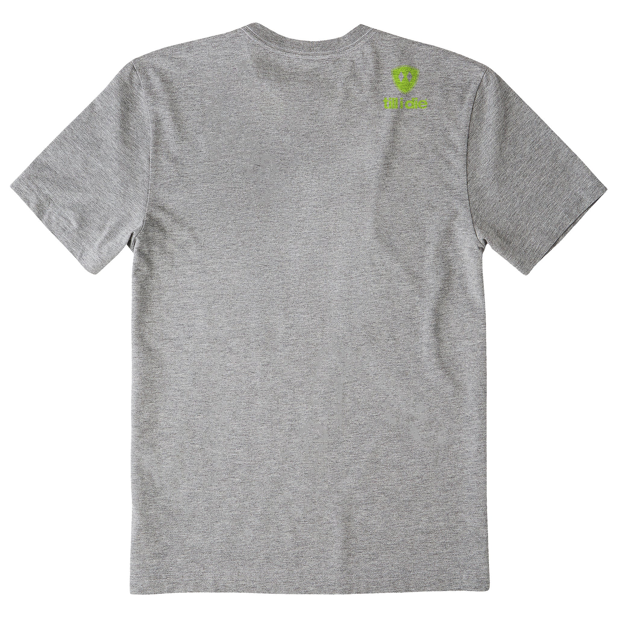 A heather gray short-sleeve t-shirt shown from the back, featuring the till I die logo a double diamond shield and the ‘till I die’ brand text