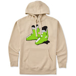 A cream hoodie featuring a graphic print of lime green retro rear entry ski boots with black and white details on the front chest, displayed against a solid white background.