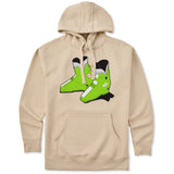 A cream hoodie featuring a graphic print of lime green retro rear entry ski boots with black and white details on the front chest, displayed against a solid white background.
