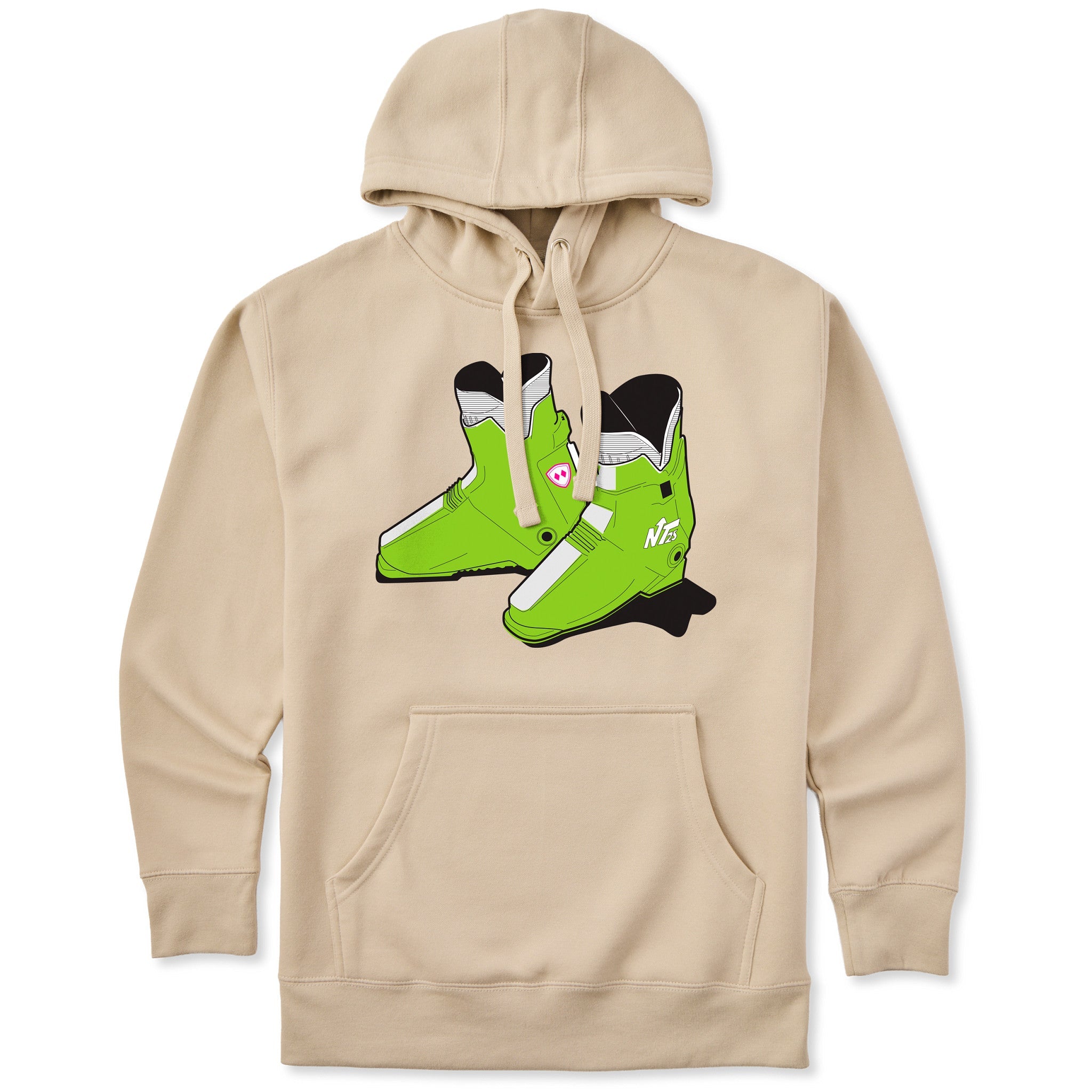 A cream hoodie featuring a graphic print of lime green retro rear entry ski boots with black and white details on the front chest, displayed against a solid white background.