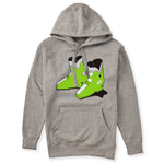 A heather gray hoodie featuring a graphic print of lime green retro rear entry ski boots with black and white details on the front chest, displayed against a solid white background.