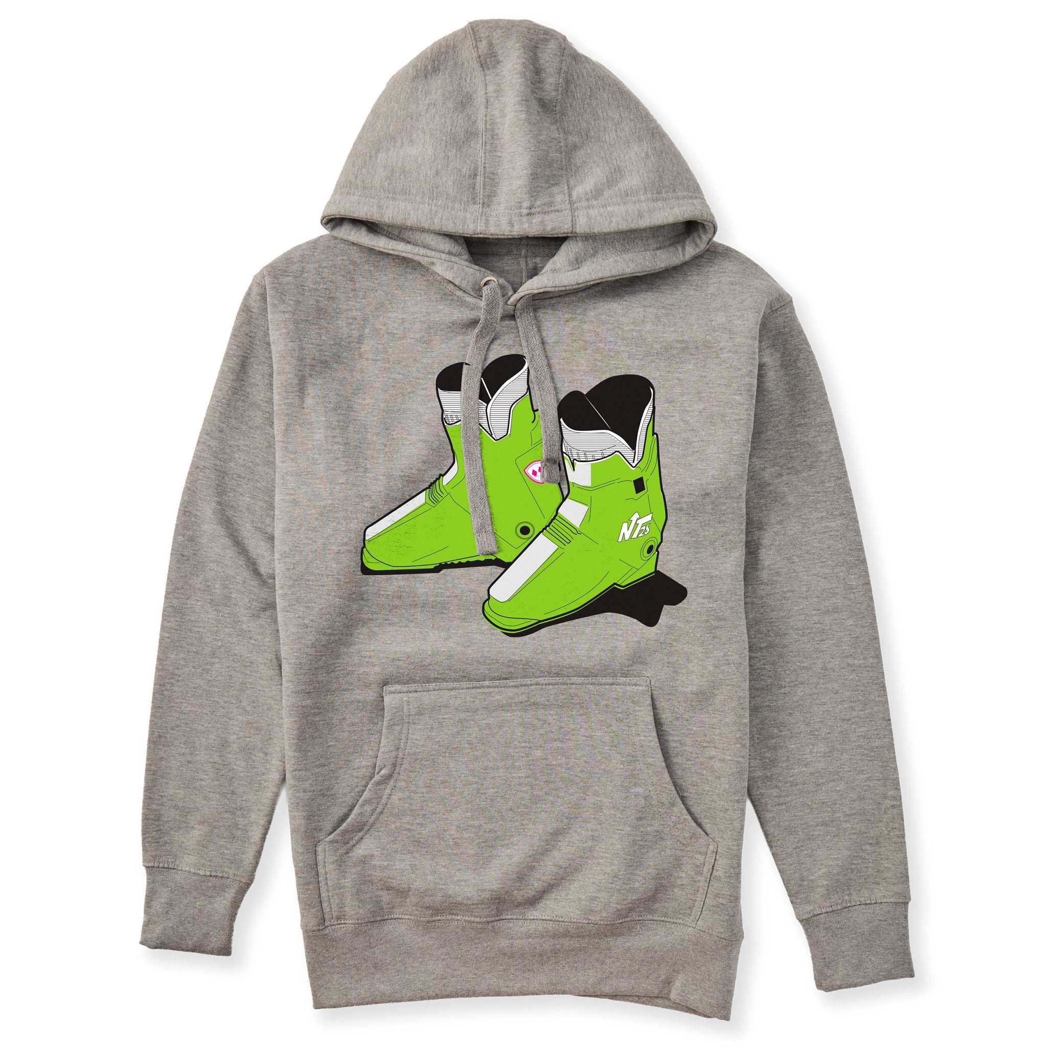 A heather gray hoodie featuring a graphic print of lime green retro rear entry ski boots with black and white details on the front chest, displayed against a solid white background.