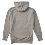 A heather gray hoodie shown from the back, featuring the double diamond shield logo and the text 'till i die' on the upper right shoulder, set against a plain white background.